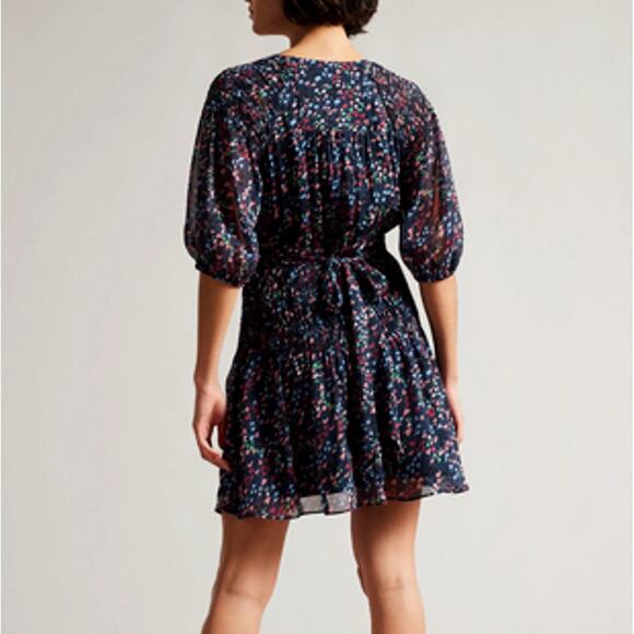Ted Baker Casadee Puff Sleeve Smock Panel Wrap Mini Dress Navy Women's Size 6 - Picture 2 of 14